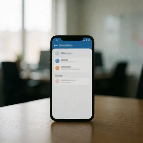 Smartphone showing a customer service app interface resting on a wooden desk in a modern office with natural light and a blurred background