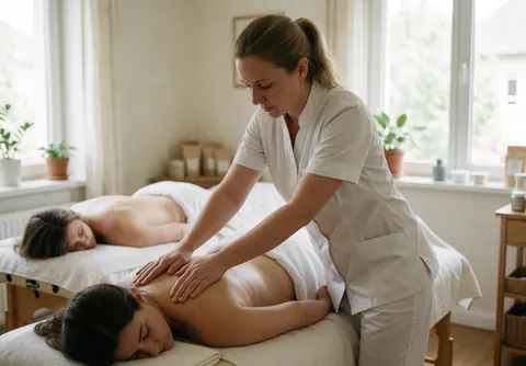 A therapist giving a relaxing massage in a spa with natural light and a calm atmosphere.