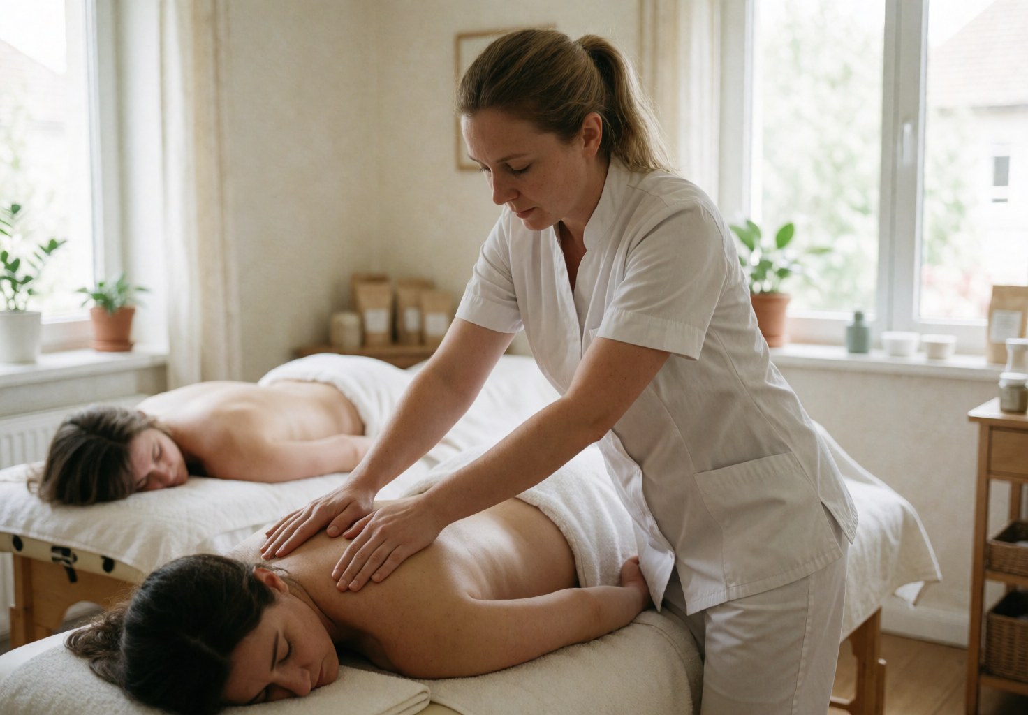 A therapist giving a relaxing massage in a spa with natural light and a calm atmosphere.