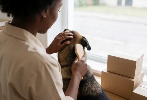 Professional groomer brushing a dog's fur with a wooden brush near a window with natural light in a clean, quiet environment.