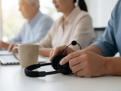 Close-up of customer service headset on office desk with coffee cup and soft lighting