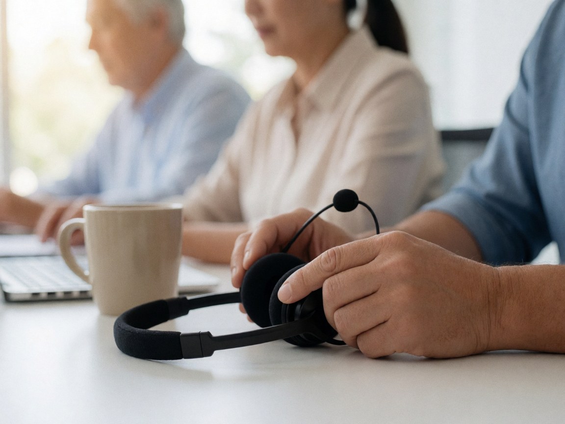 Close-up of customer service headset on office desk with coffee cup and soft lighting