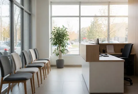 Modern office reception desk with waiting chairs, a large plant, and big windows creating a professional and clean atmosphere.
