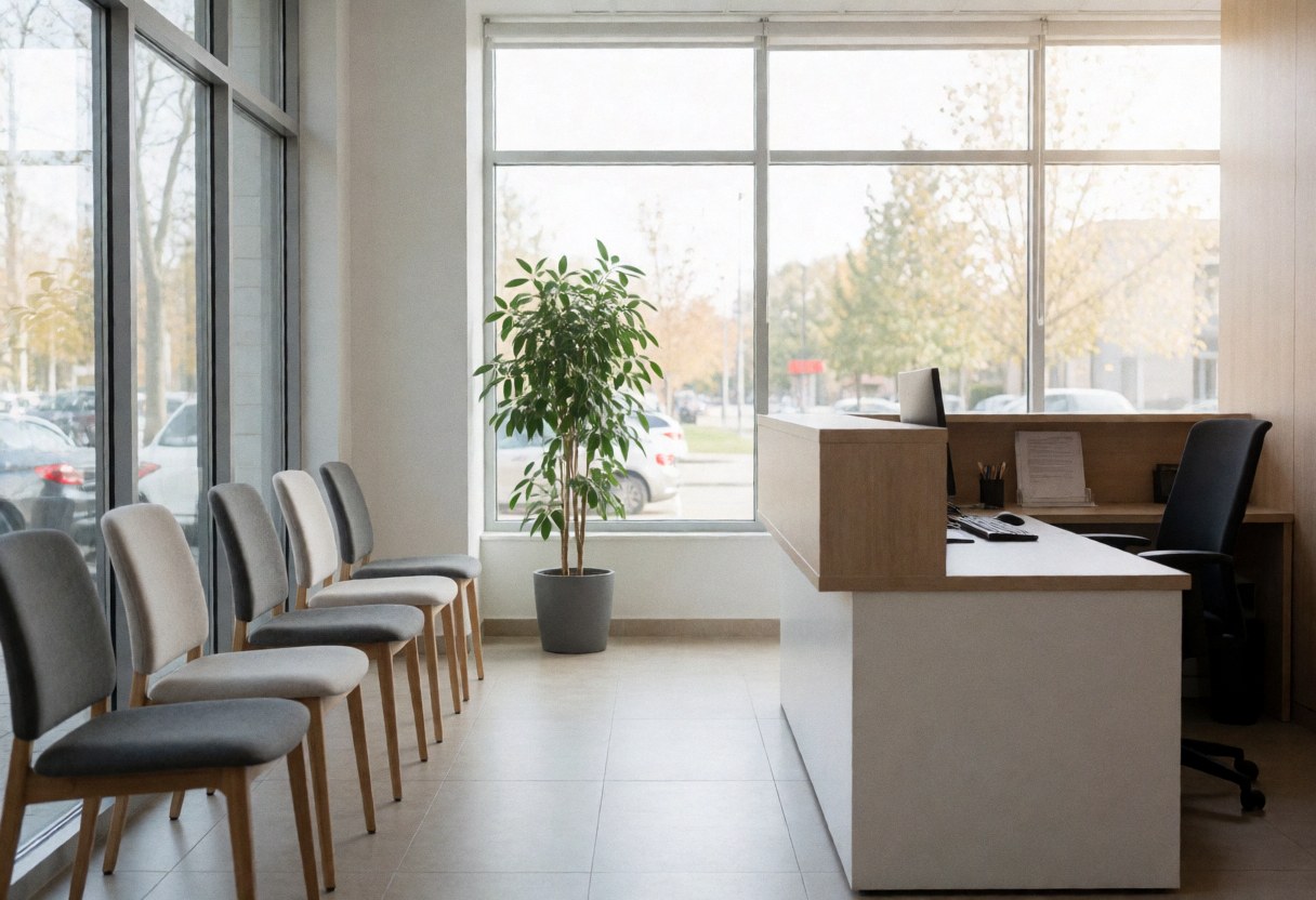 Modern office reception desk with waiting chairs, a large plant, and big windows creating a professional and clean atmosphere.