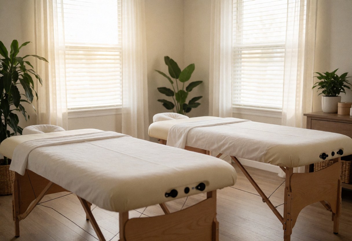 Empty spa treatment room featuring two massage beds, corner plants, and natural light from windows with curtains.