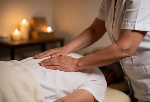 A professional masseuse performs a back massage on a client in a relaxing room with lit candles creating a serene atmosphere.