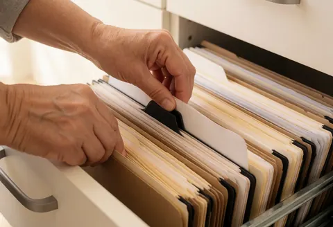 Close-up of a woman's hands sorting through hanging file folders in an open office drawer to maintain organized business records.