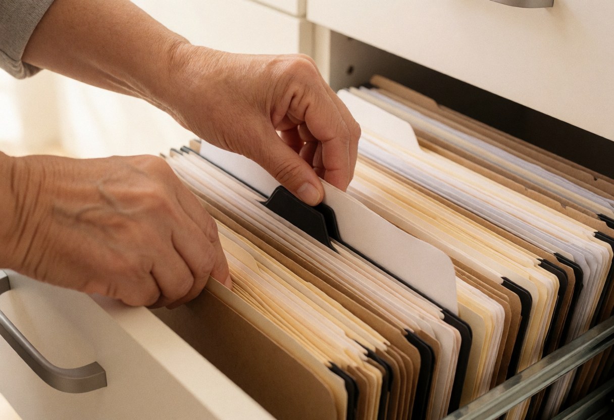 Close-up of a woman's hands sorting through hanging file folders in an open office drawer to maintain organized business records.