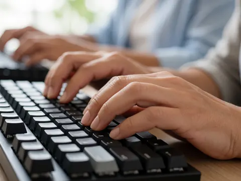 Close-up of hands typing on a black mechanical keyboard with natural light and a blurred background, ideal for software and startup contexts