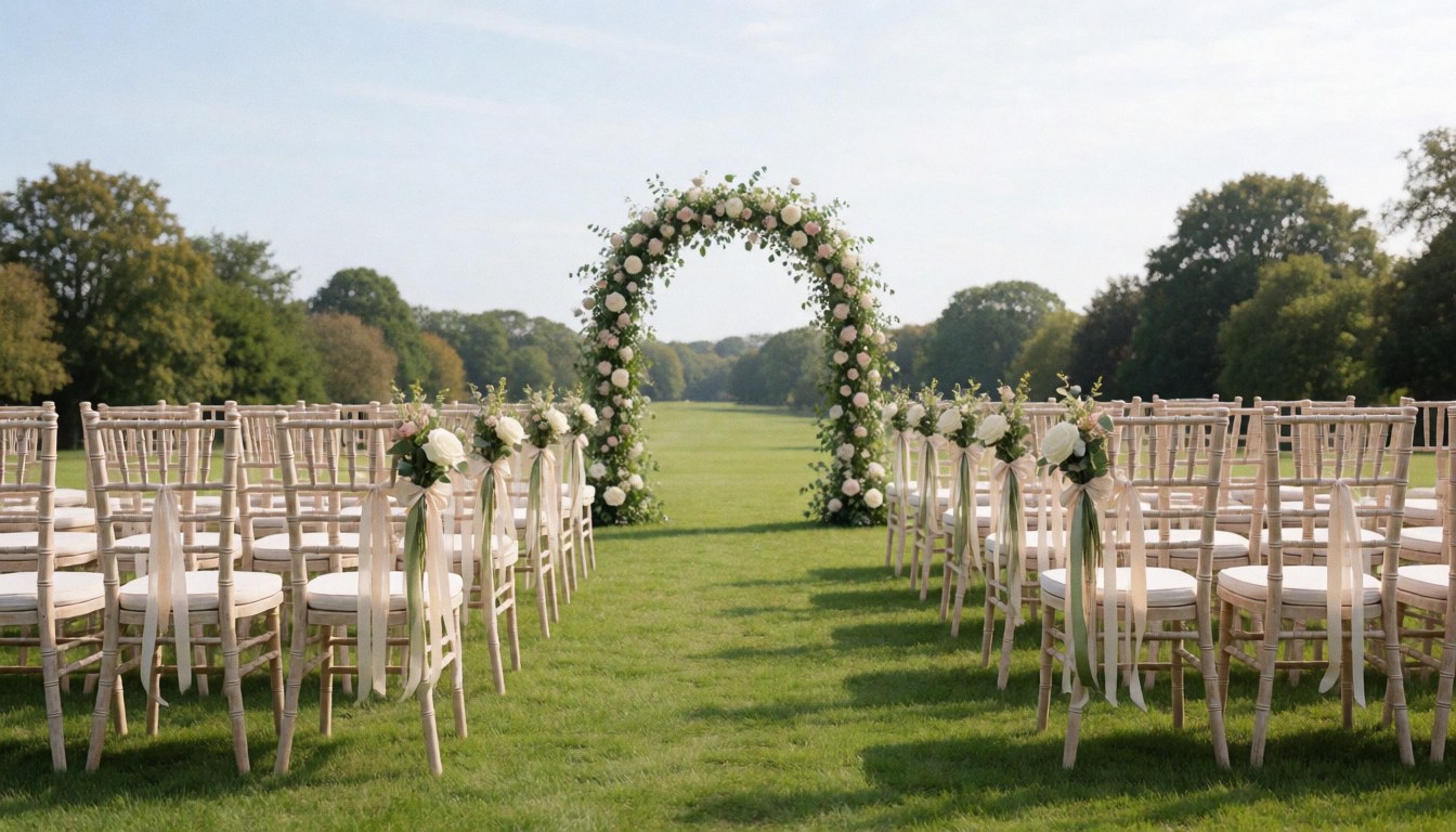 An outdoor wedding ceremony setup featuring a floral arch, rows of chairs, and garden decorations for an event.