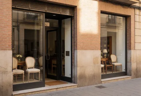 Exterior view of a classic furniture store featuring a brick facade, large windows, and an entrance door on a city street.