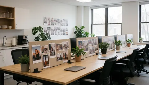 Bright marketing agency office interior featuring shared workstations, potted plants, large windows, and mood boards on the walls.