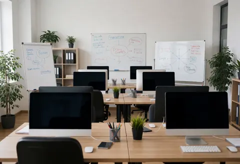 Bright modern software office featuring desks, computers, diagram whiteboards, and plants in a clean workspace.