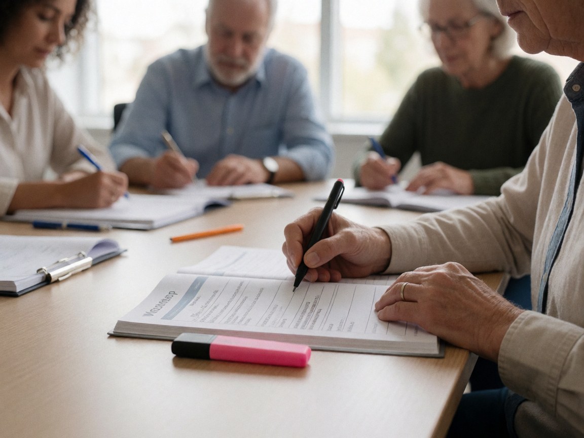A group of adults attending a training session, writing in notebooks on a wooden table with natural light.