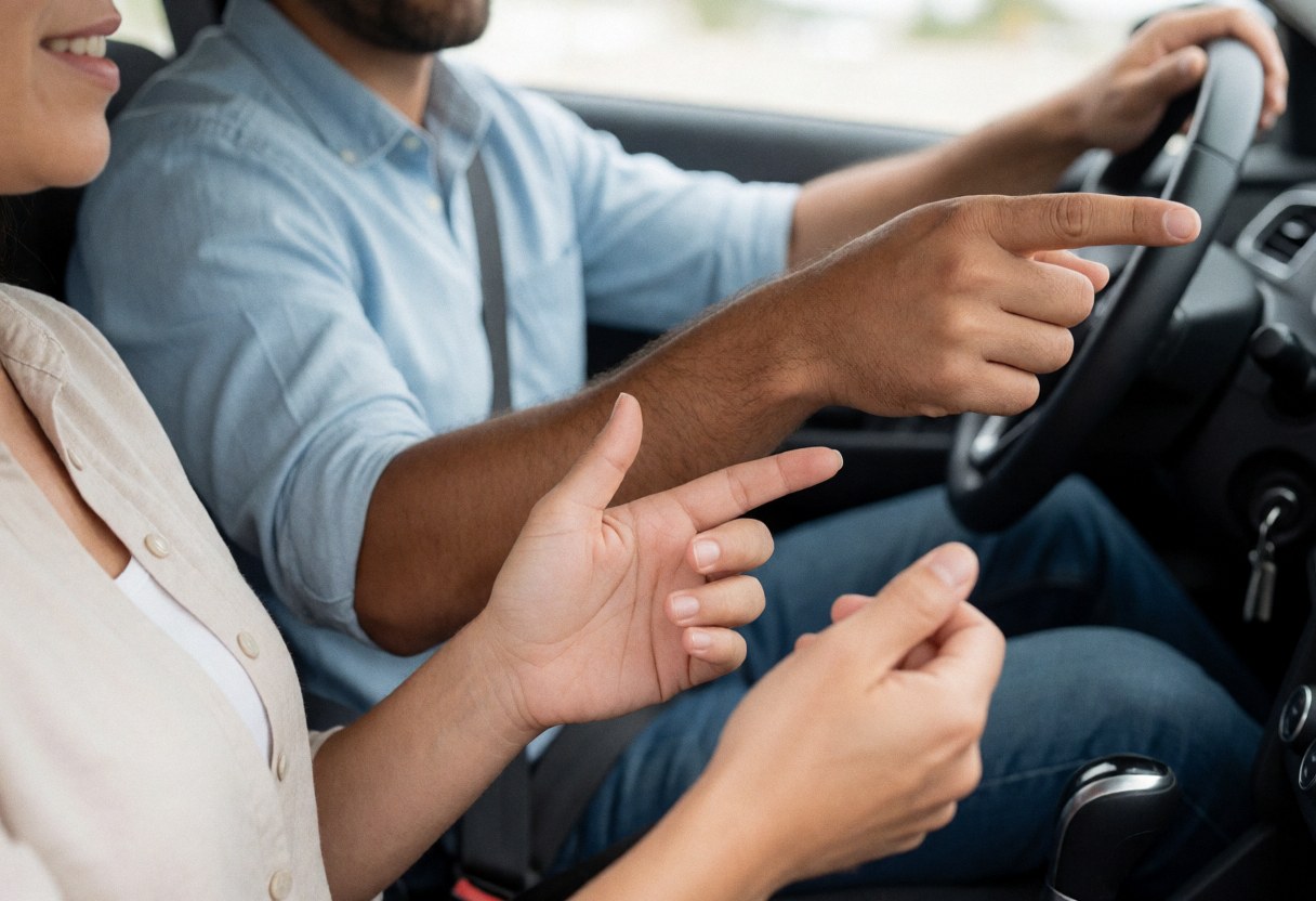A driving instructor sits in the passenger seat of a car, pointing ahead to guide the student driver who is holding the steering wheel during a daytime lesson.