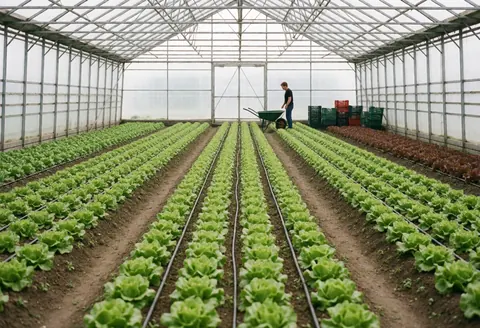 Rows of green lettuce in a greenhouse with drip irrigation, a worker standing near a wheelbarrow and crates in a clean, organized agricultural setting.