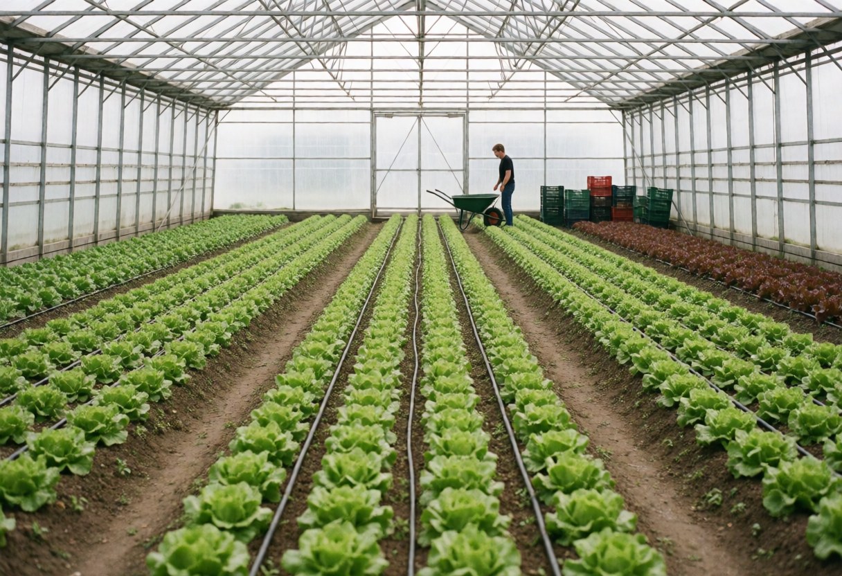 Rows of green lettuce in a greenhouse with drip irrigation, a worker standing near a wheelbarrow and crates in a clean, organized agricultural setting.