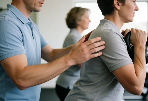 A personal trainer adjusts a client's form while they perform a kettlebell exercise in a gym setting to ensure proper technique and safety.