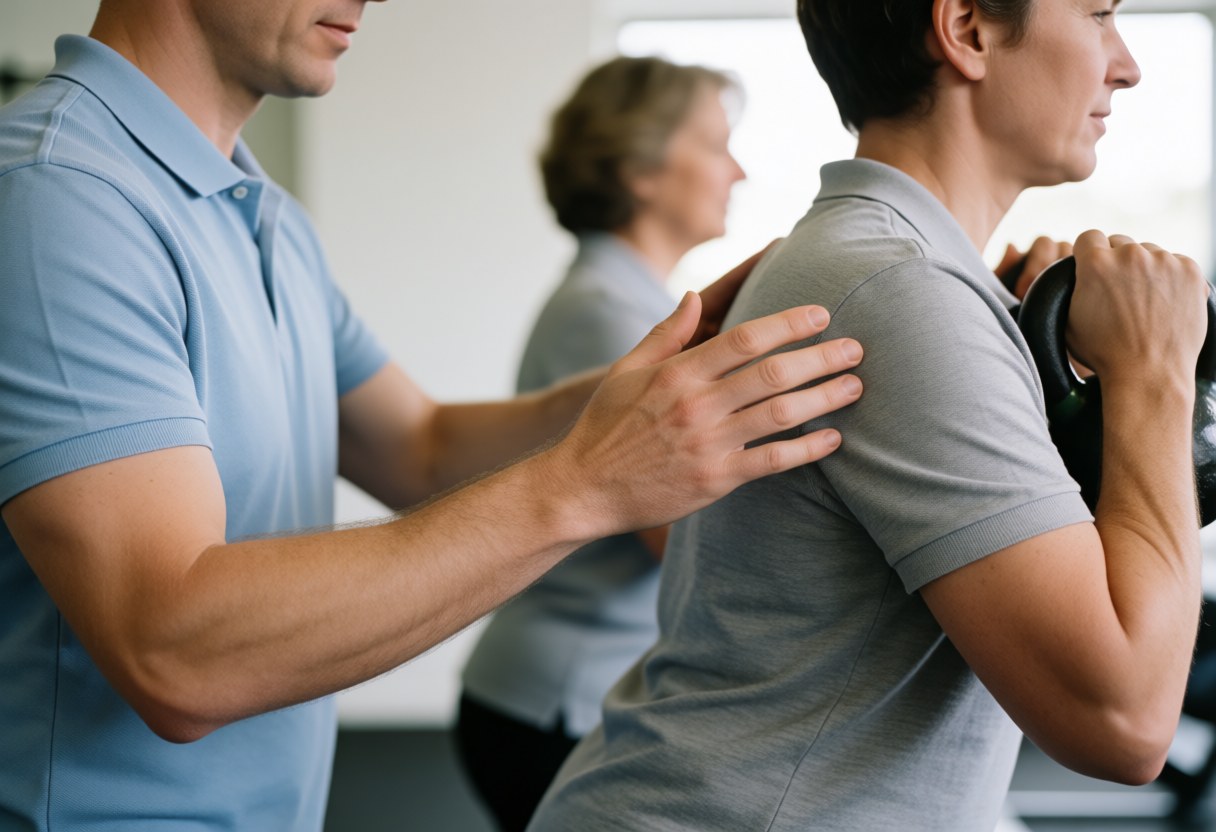 A personal trainer adjusts a client's form while they perform a kettlebell exercise in a gym setting to ensure proper technique and safety.