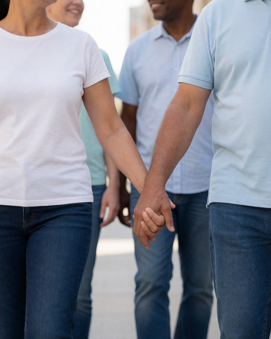 A smiling couple walks hand in hand down a busy urban street with blurred pedestrians in the background