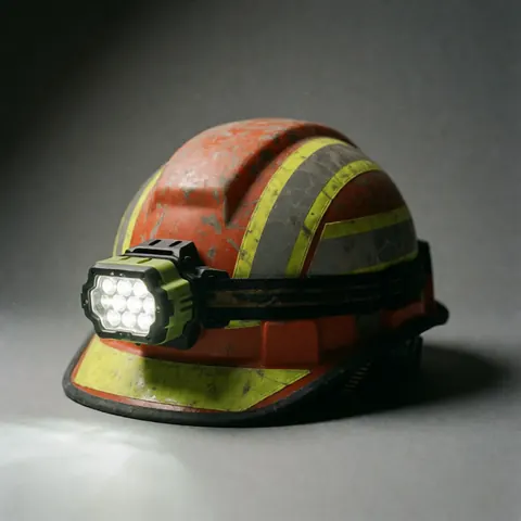 Close-up of a red and yellow safety helmet equipped with a mounted headlamp, designed for industrial field work and construction site visibility.