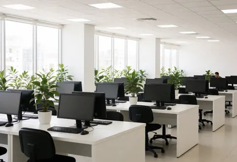 Clean modern office with white desks, computers, black chairs, and green plants for online courses and remote work.