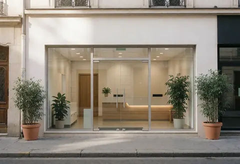 Modern customer service center exterior featuring glass doors, potted plants, and a welcoming interior visible from the street.