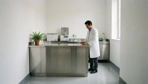 Laboratory technician working with medical equipment in a clean, modern, and well-lit space with natural light.