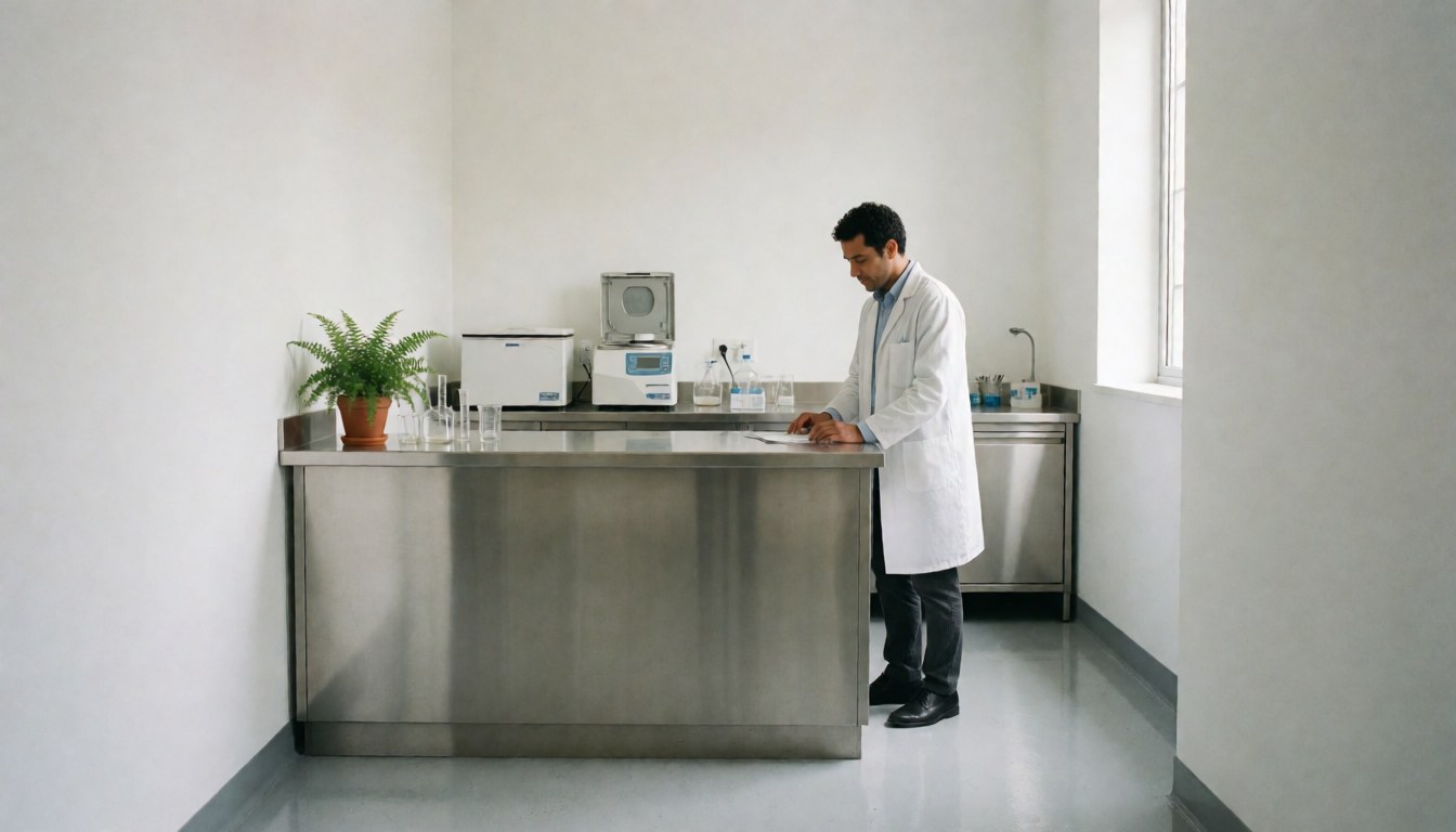 Laboratory technician working with medical equipment in a clean, modern, and well-lit space with natural light.