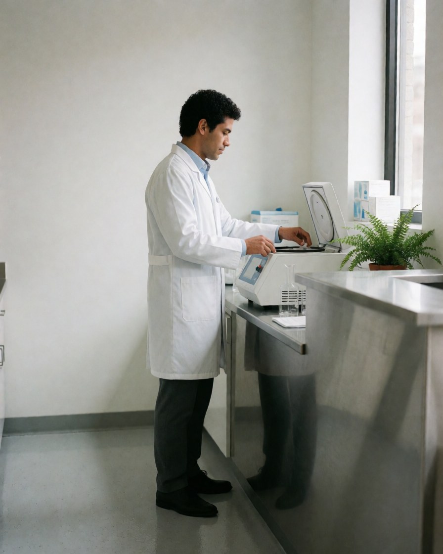 A clinical lab technician operates a white centrifuge on a stainless steel bench in a clean room with natural light and a green plant.