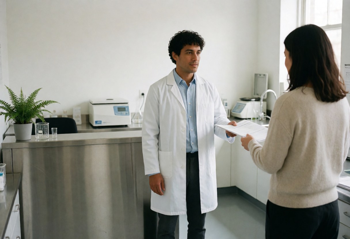 A healthcare worker in a white coat hands a medical report to a client in a clean clinical laboratory setting with scientific equipment visible in the background.