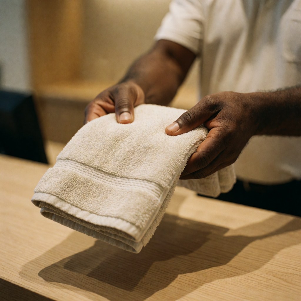 A close-up view of a hand holding a clean white towel, ready to hand it to a customer at a gym reception desk with a blurred background.