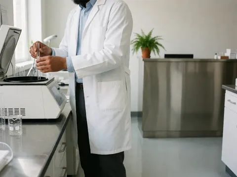 A scientist in a white coat holds a test tube near a white centrifuge in a clean clinical laboratory with white walls and a plant in the background.