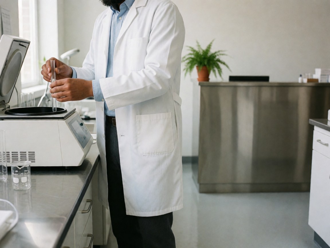 A scientist in a white coat holds a test tube near a white centrifuge in a clean clinical laboratory with white walls and a plant in the background.