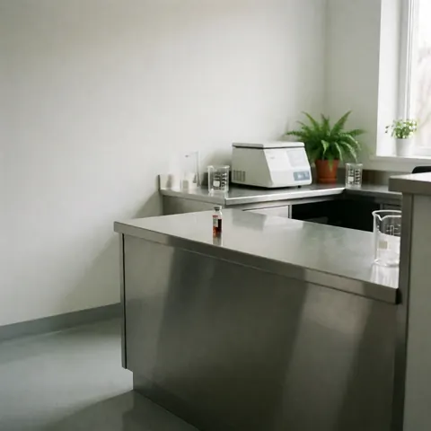 Blood sample vial on stainless steel table in clean clinical lab with centrifuge, beakers, and plant in background