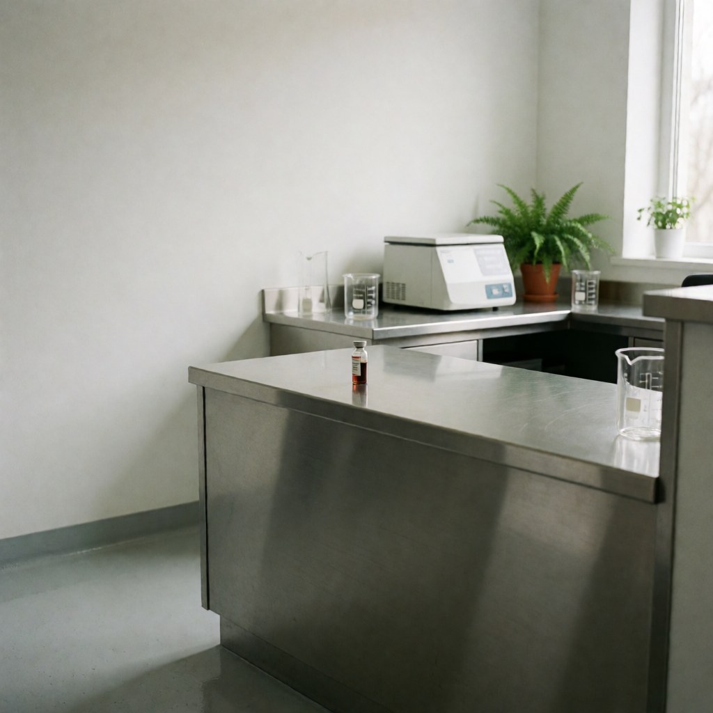 Blood sample vial on stainless steel table in clean clinical lab with centrifuge, beakers, and plant in background