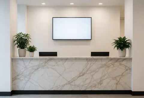 Clean and professional insurance office reception featuring a marble desk, digital display, and green plants in a bright, minimalist interior.