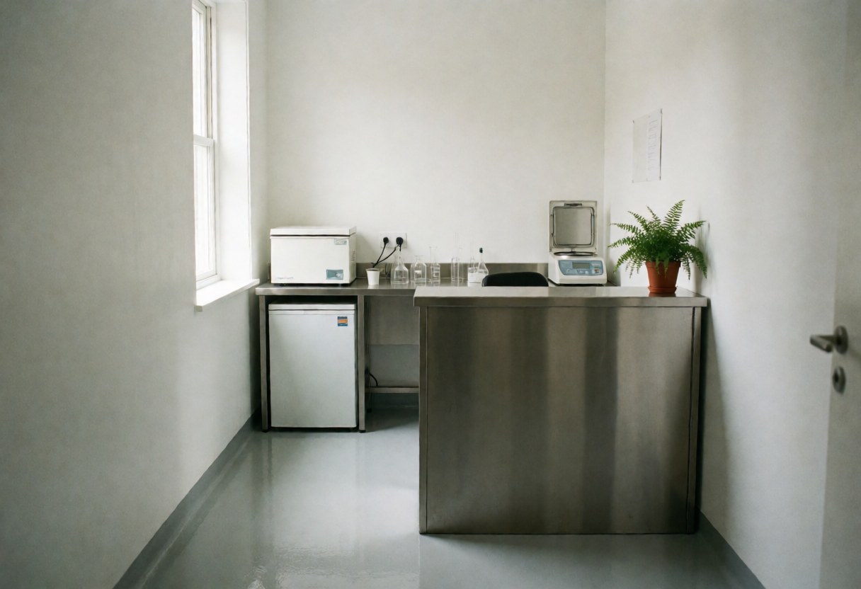 A clean and professional medical laboratory interior featuring stainless steel surfaces, a centrifuge, and a scale near a window with natural light