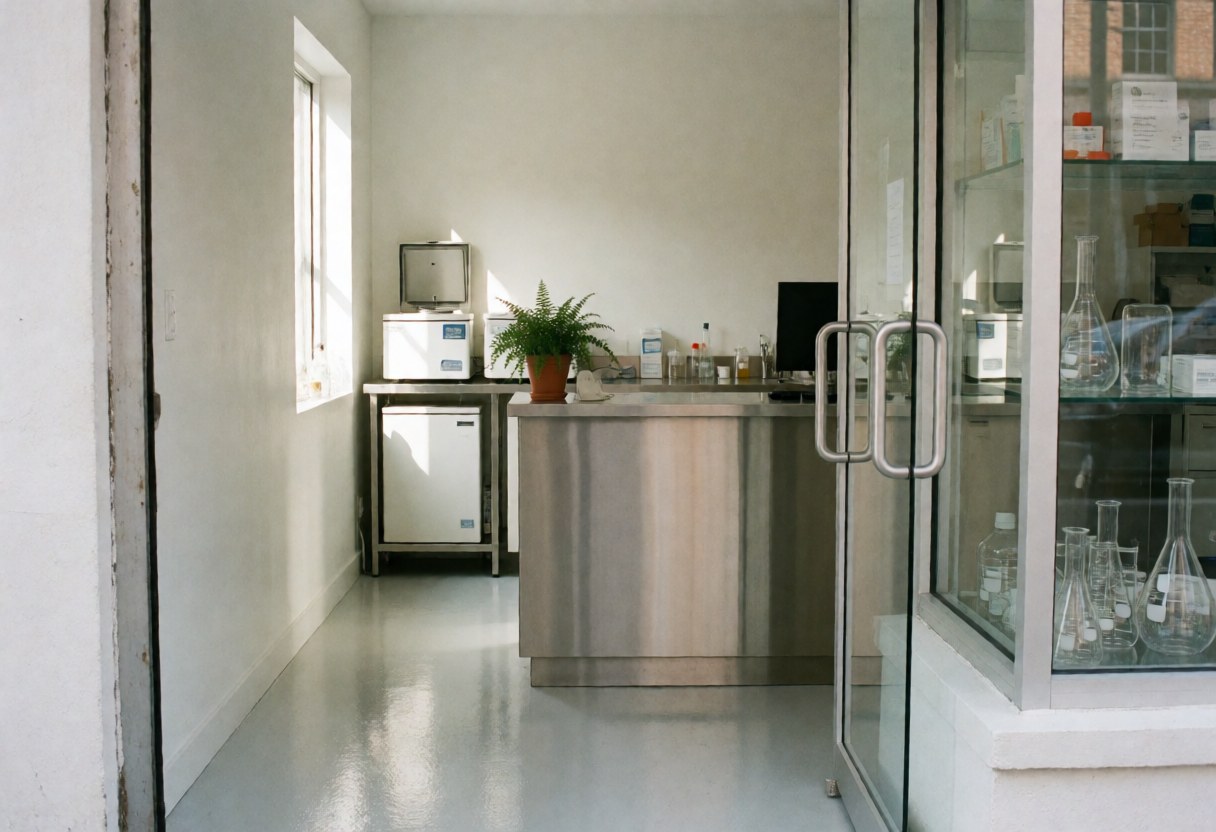 Entrance to a modern clinical lab featuring a stainless steel reception desk, polished floor, potted plant, and medical equipment visible through glass doors.