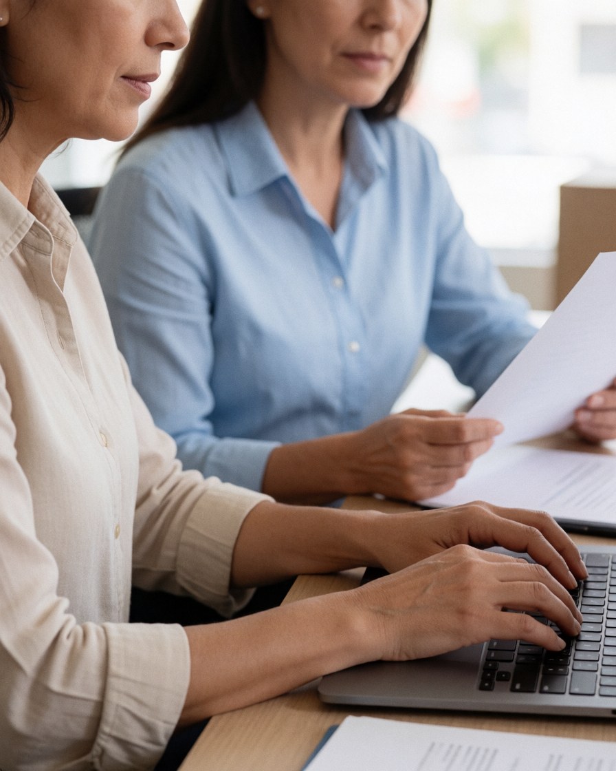 Two professional bankers working together at a modern office desk, reviewing financial documents on a laptop and paper.