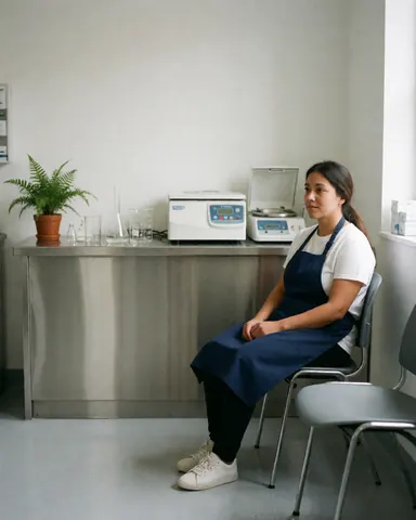 A woman sits on a waiting chair in a clinical laboratory with medical equipment and a plant on the counter, creating a clean and professional atmosphere.