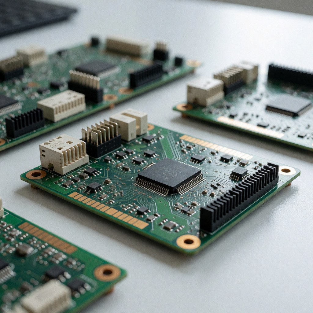 Detailed view of green printed circuit boards featuring gold contacts and various electronic components used in manufacturing and industrial applications