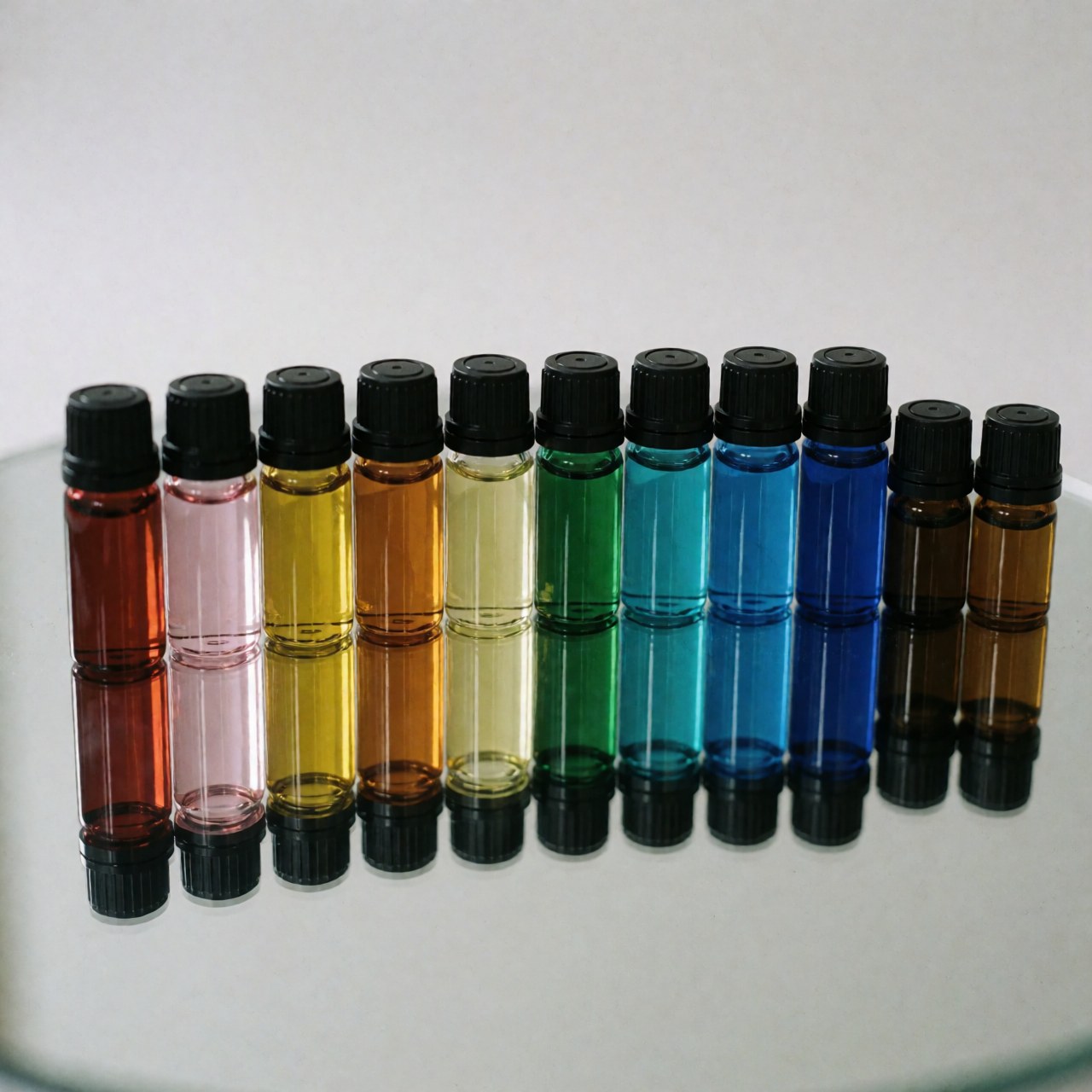 Vibrant essential oil vials arranged in a row on a reflective mirror surface with professional lighting for spa and wellness products