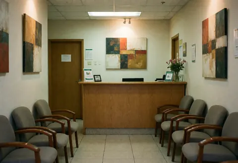 A bright and welcoming reception area featuring a wooden desk, chairs, and abstract wall art, designed for customer service and client interactions.