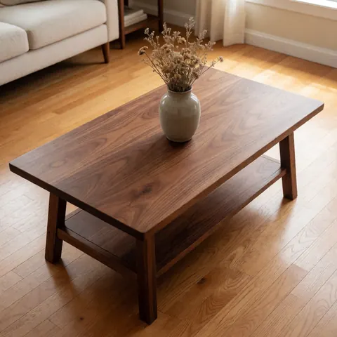 Walnut wood table with shelf on wooden floor, ceramic vase with dried flowers, living room with natural light