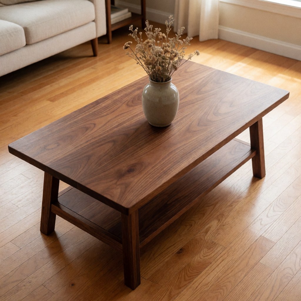 Walnut wood table with shelf on wooden floor, ceramic vase with dried flowers, living room with natural light