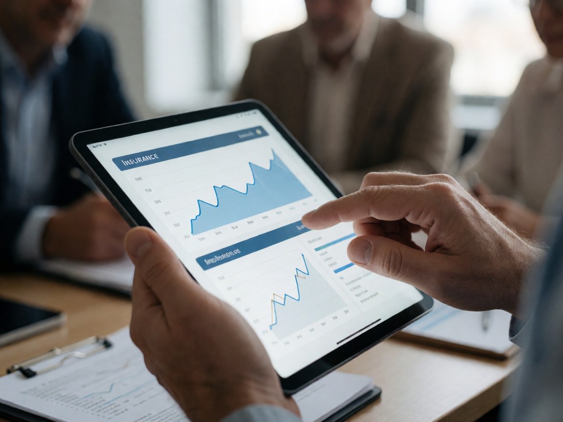 Professional hand holding a tablet displaying insurance analytics charts in a modern office setting.