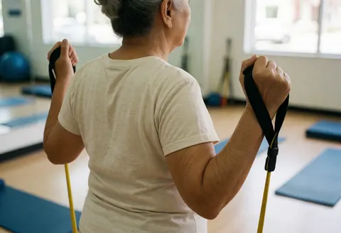 Back view of an older woman using a resistance band for fitness in a gym with mirrors and towels in the background