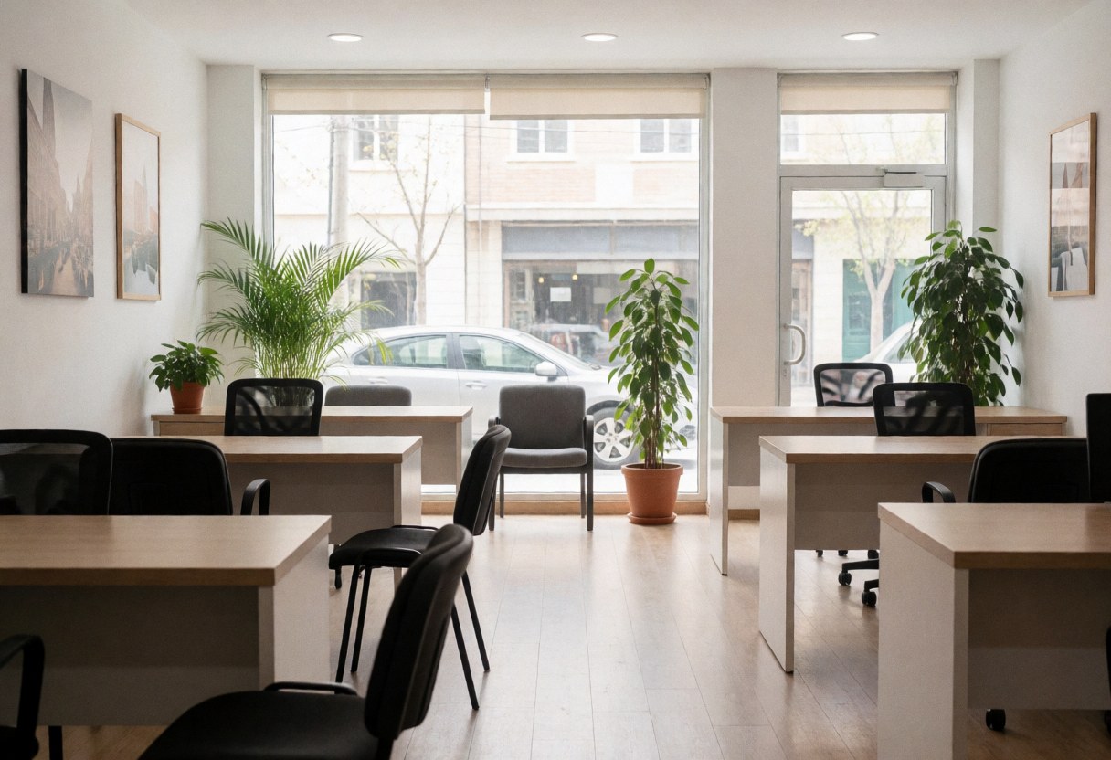Clean and professional travel agency office interior featuring desks, chairs, plants, and natural light from a window.