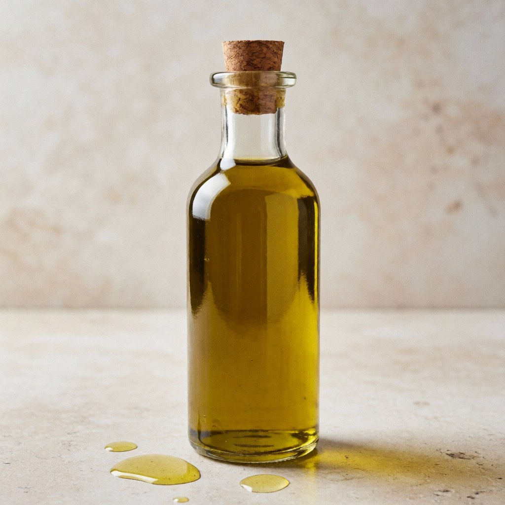 A clear glass bottle of olive oil with a cork stopper sits on a textured stone surface, showcasing drops of oil for a gourmet food product display.